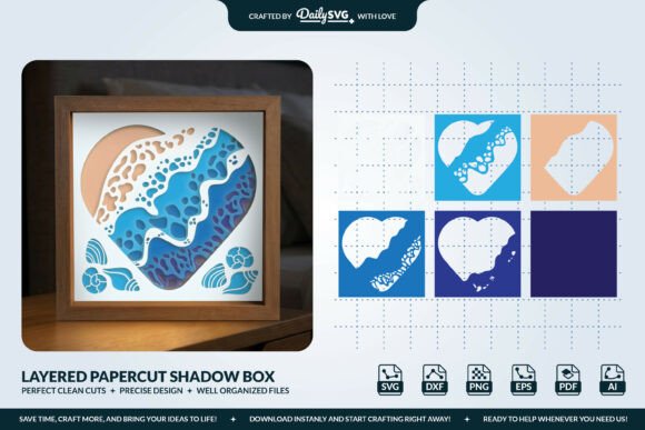Download 3D Heart Beach Waves Layered Shadow Box - Art Collection